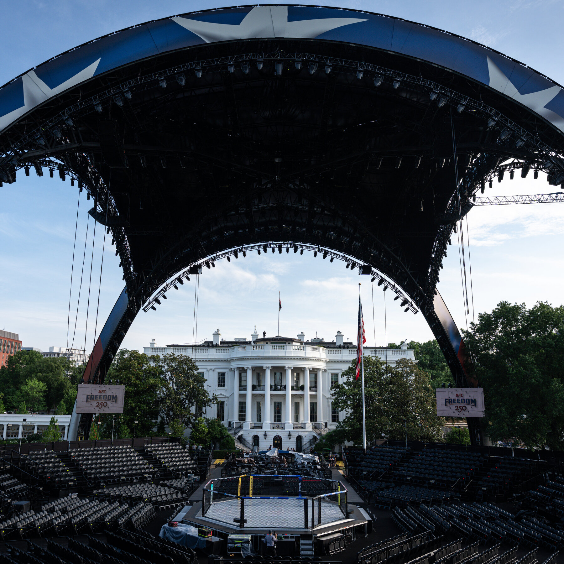 Trump unveils towering ‘Claw’ on South Lawn for U.F.C. cage match on his 80th birthday