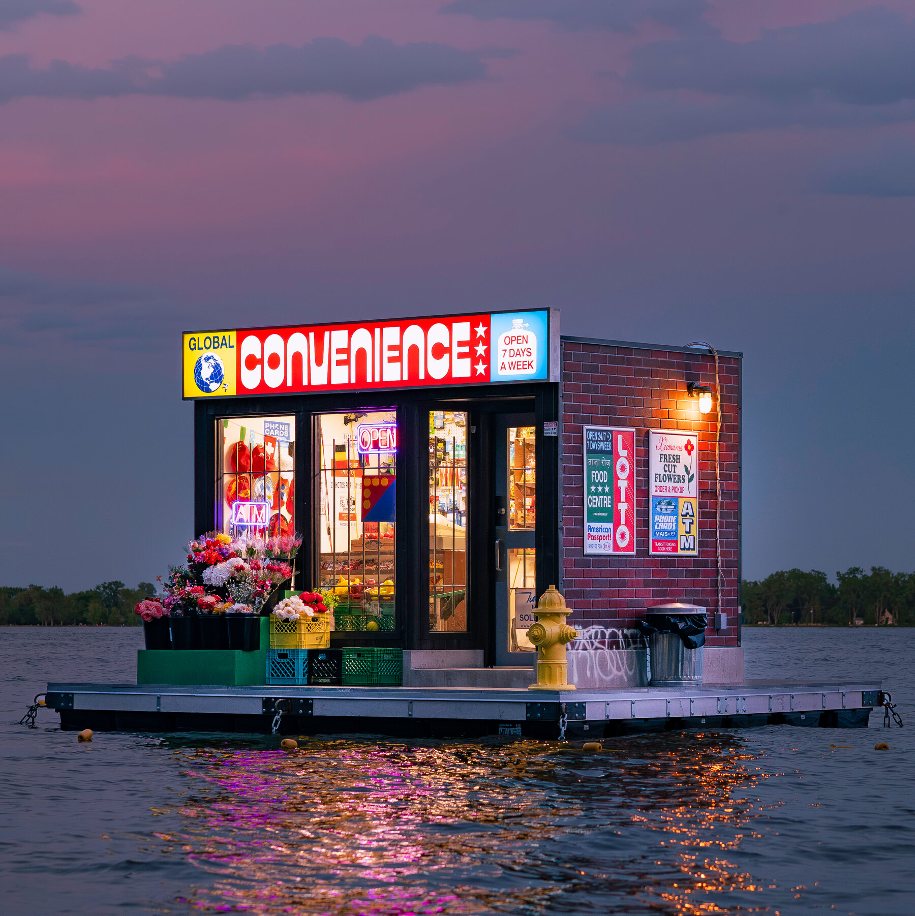 Floating "Global Convenience" Art Installation Pops Up on Toronto Lake, Draws Onlookers